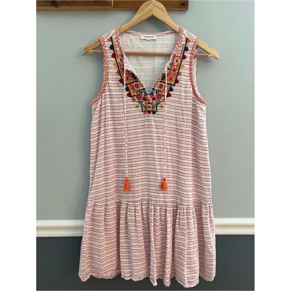 BeachLunchLounge Embroidered Linen Cotton Blend Dress Boho Tassel Sleeveless